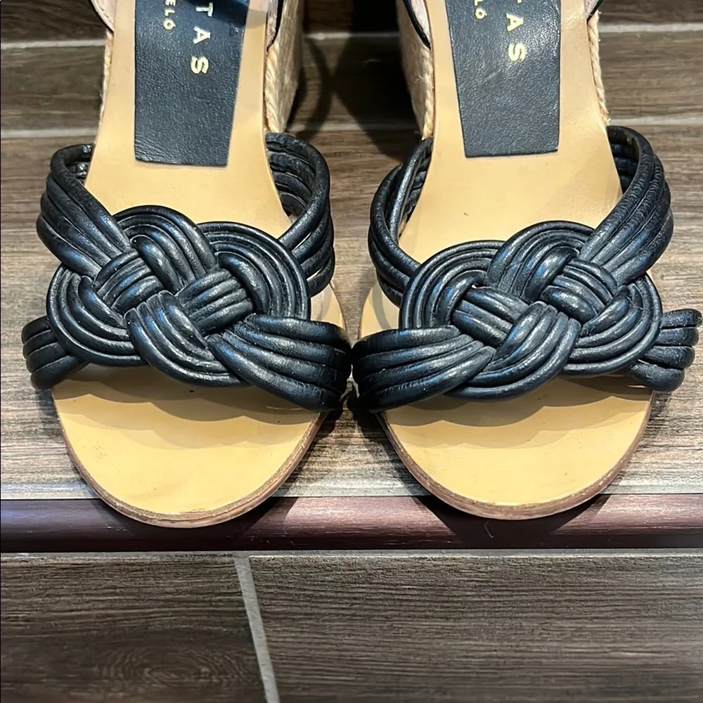 Palomitas Brand Leather Black Wedge Espadrilles with Ankle Strap